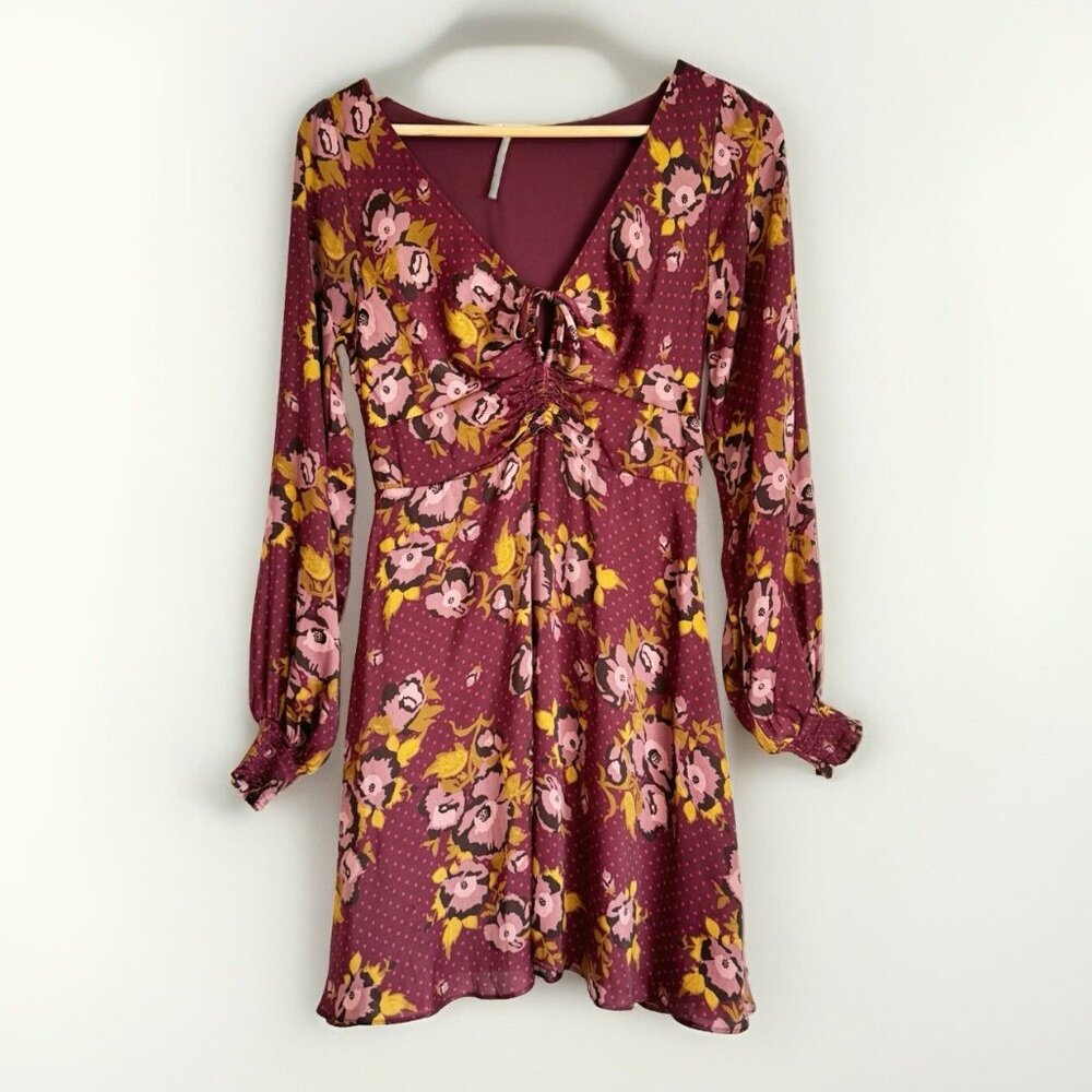 Free People Women’s Burgundy Floral Coquette Mini Dress 4 Ruched Boho Festival